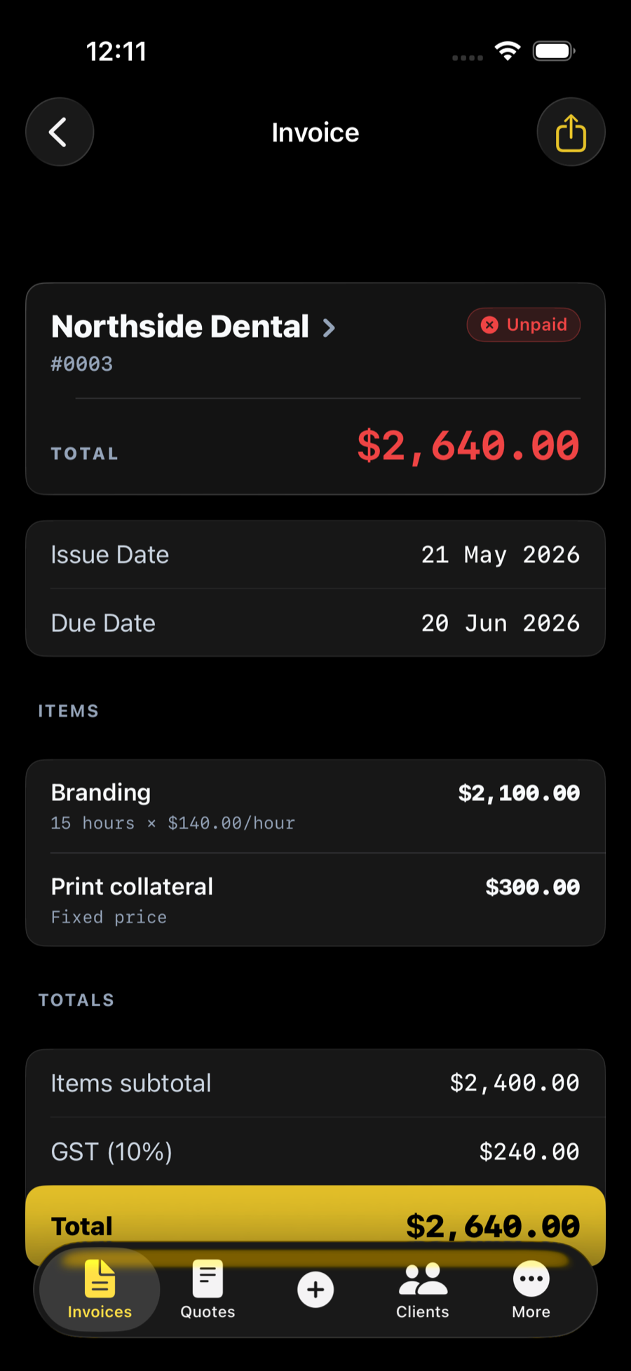 An invoice for Northside Dental showing line items, a 10% GST breakdown and a $2,640.00 total.
